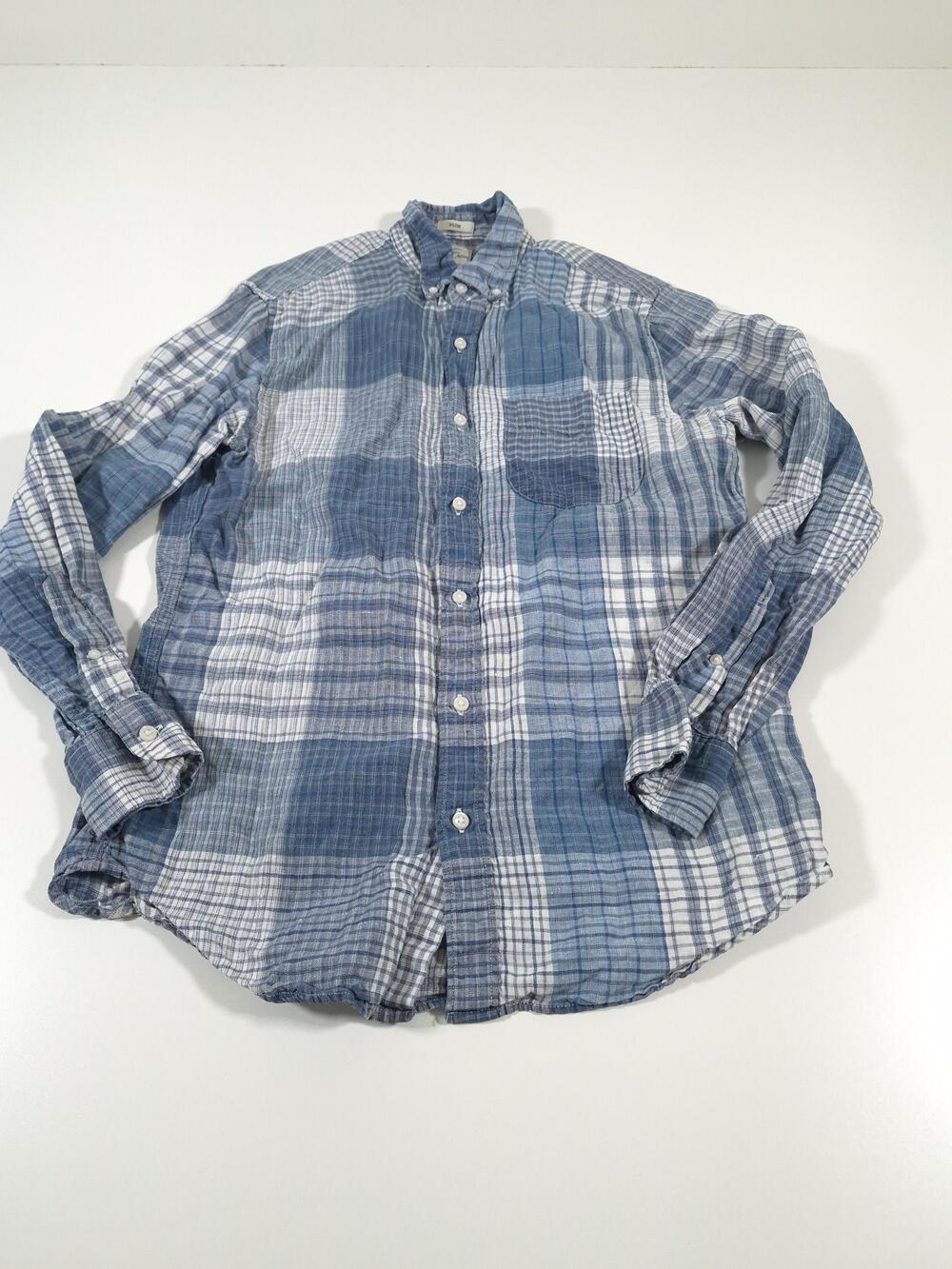 J.Crew Shirt Mens S Blue Plaid Linen Long Sleeve Button Down Slim Patchwork